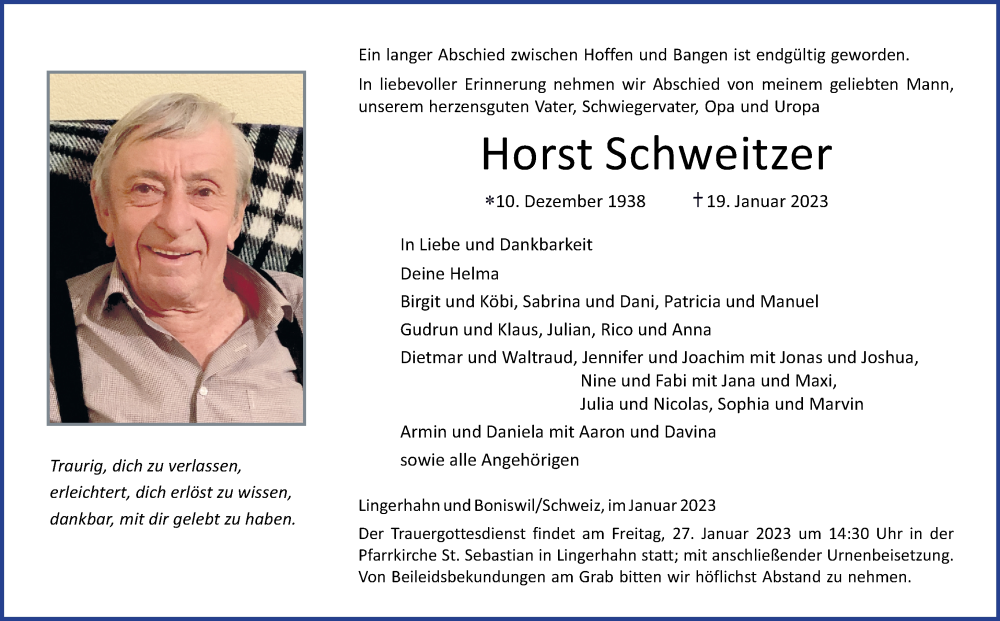  Traueranzeige für Horst Schweitzer vom 21.01.2023 aus Rhein-Hunsrück-Zeitung