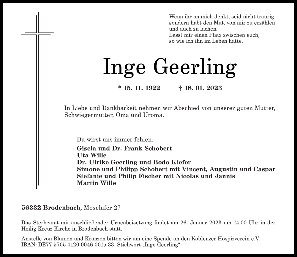  Traueranzeige für Inge Geerling vom 21.01.2023 aus Rhein-Zeitung