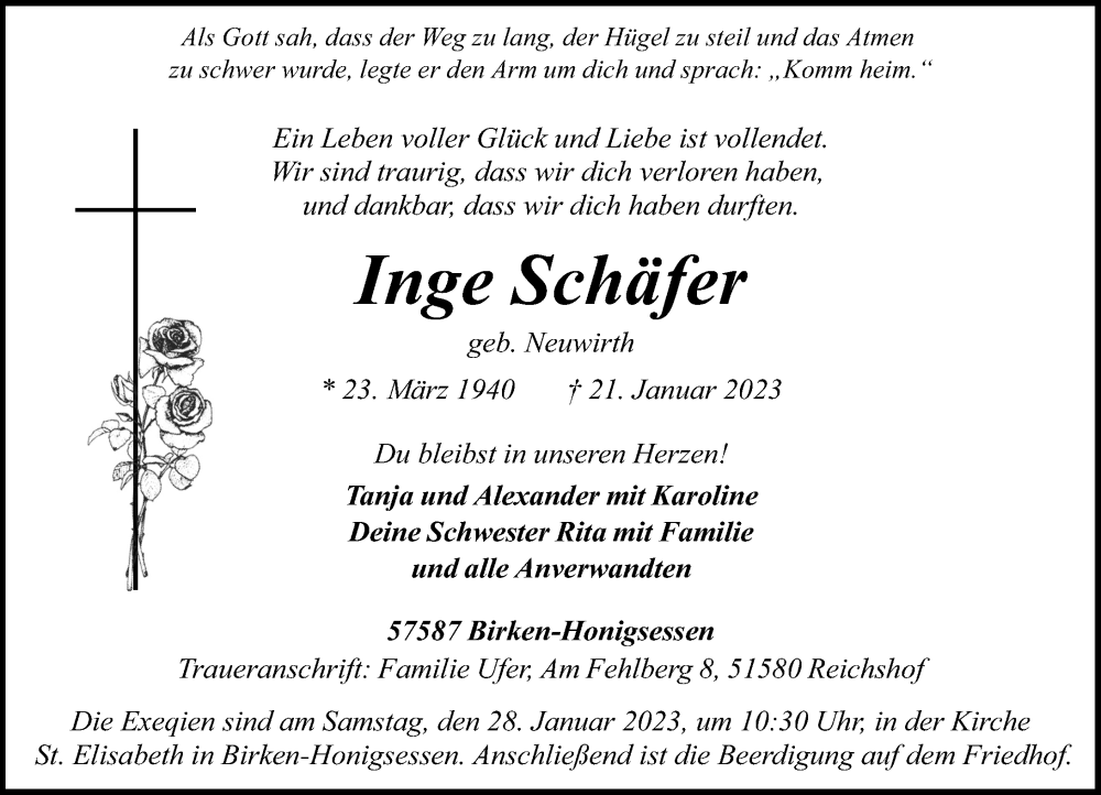  Traueranzeige für Inge Schäfer vom 25.01.2023 aus Rhein-Zeitung