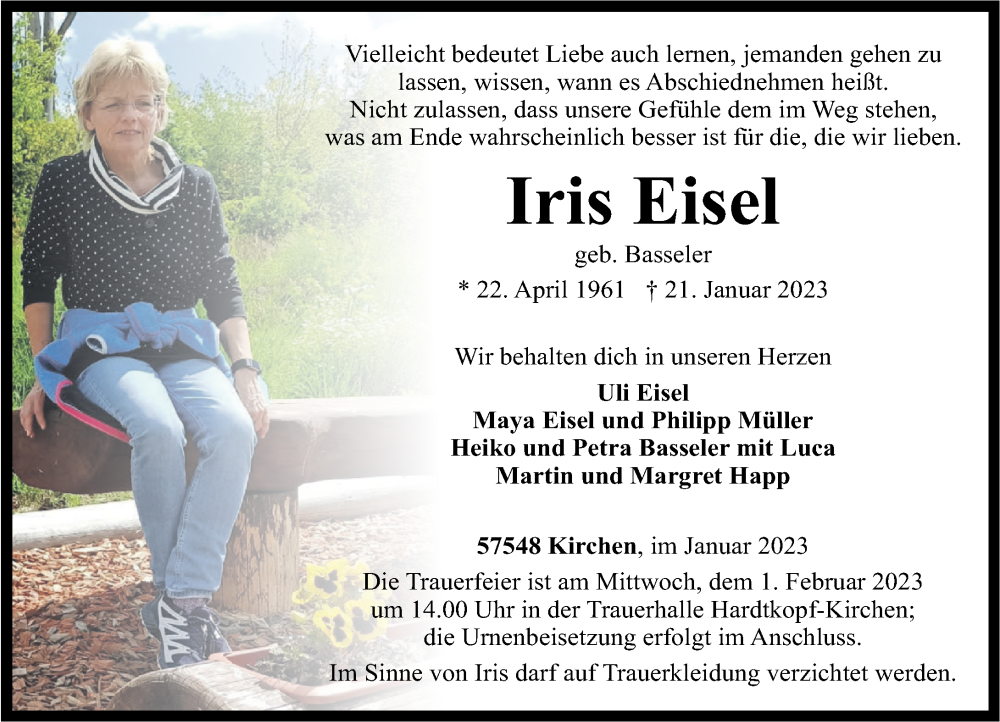  Traueranzeige für Iris Eisel vom 24.01.2023 aus Rhein-Zeitung