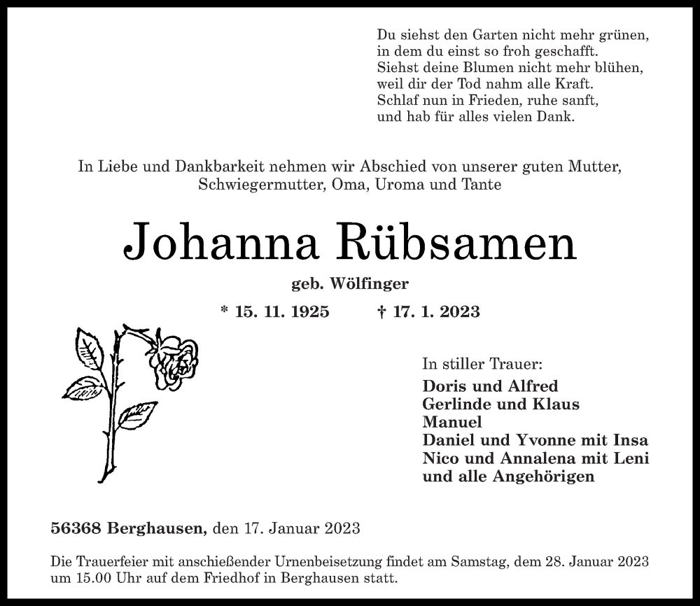  Traueranzeige für Johanna Rübsamen vom 25.01.2023 aus Rhein-Lahn-Zeitung