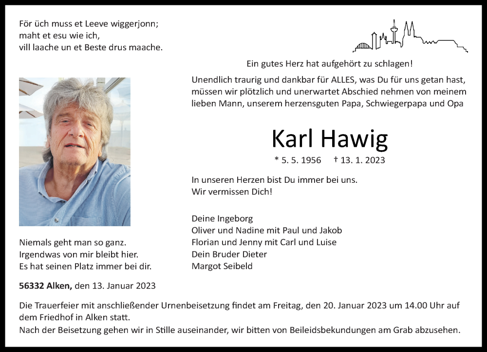  Traueranzeige für Karl Hawig vom 18.01.2023 aus Rhein-Zeitung