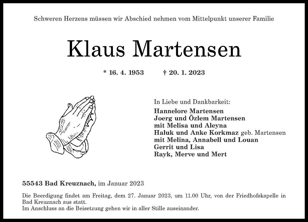  Traueranzeige für Klaus Martensen vom 25.01.2023 aus Oeffentlicher Anzeiger