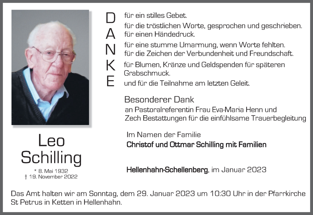  Traueranzeige für Leo Schilling vom 25.01.2023 aus Westerwälder Zeitung
