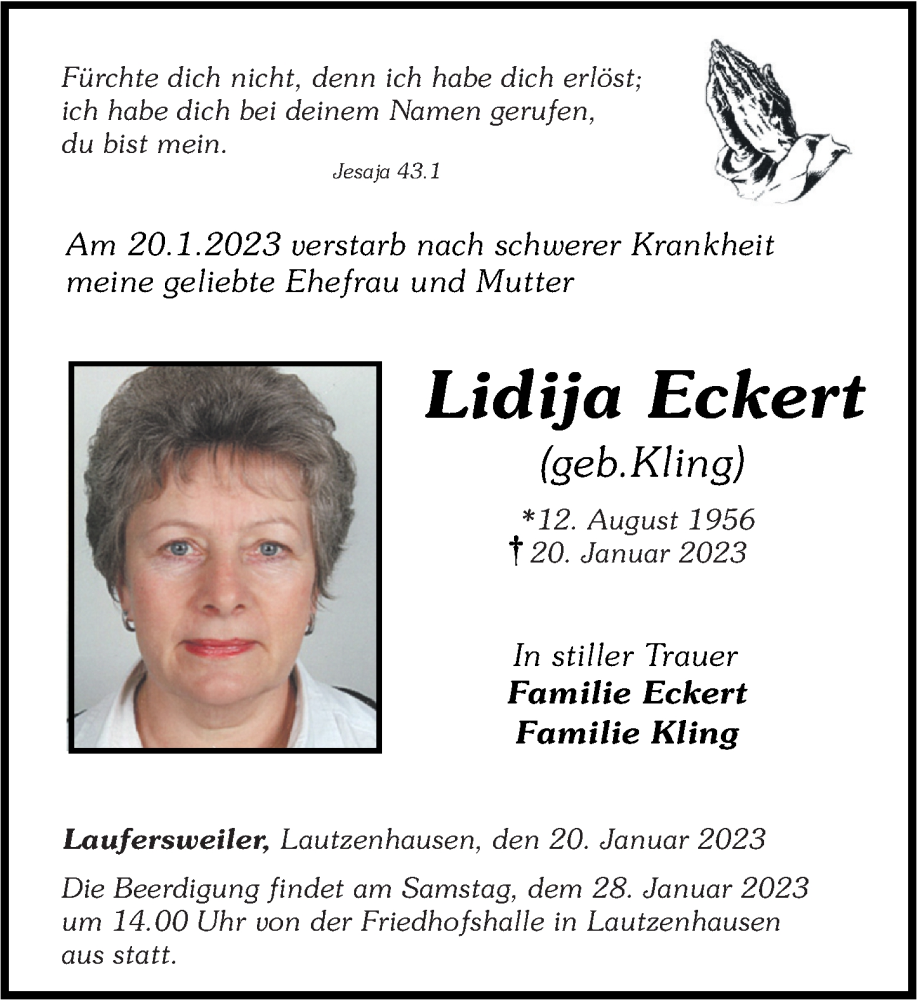  Traueranzeige für Lidija Eckert vom 25.01.2023 aus Rhein-Hunsrück-Zeitung