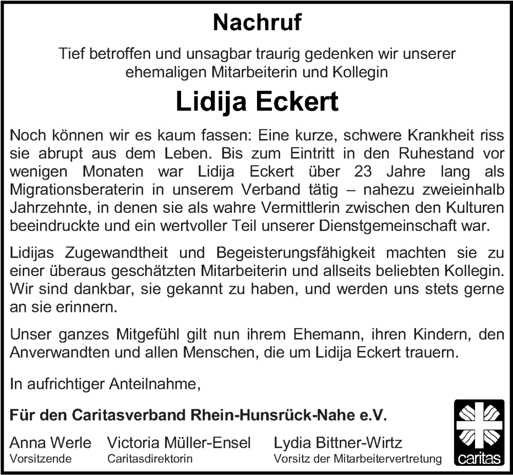  Traueranzeige für Lidija Eckert vom 28.01.2023 aus Rhein-Hunsrück-Zeitung