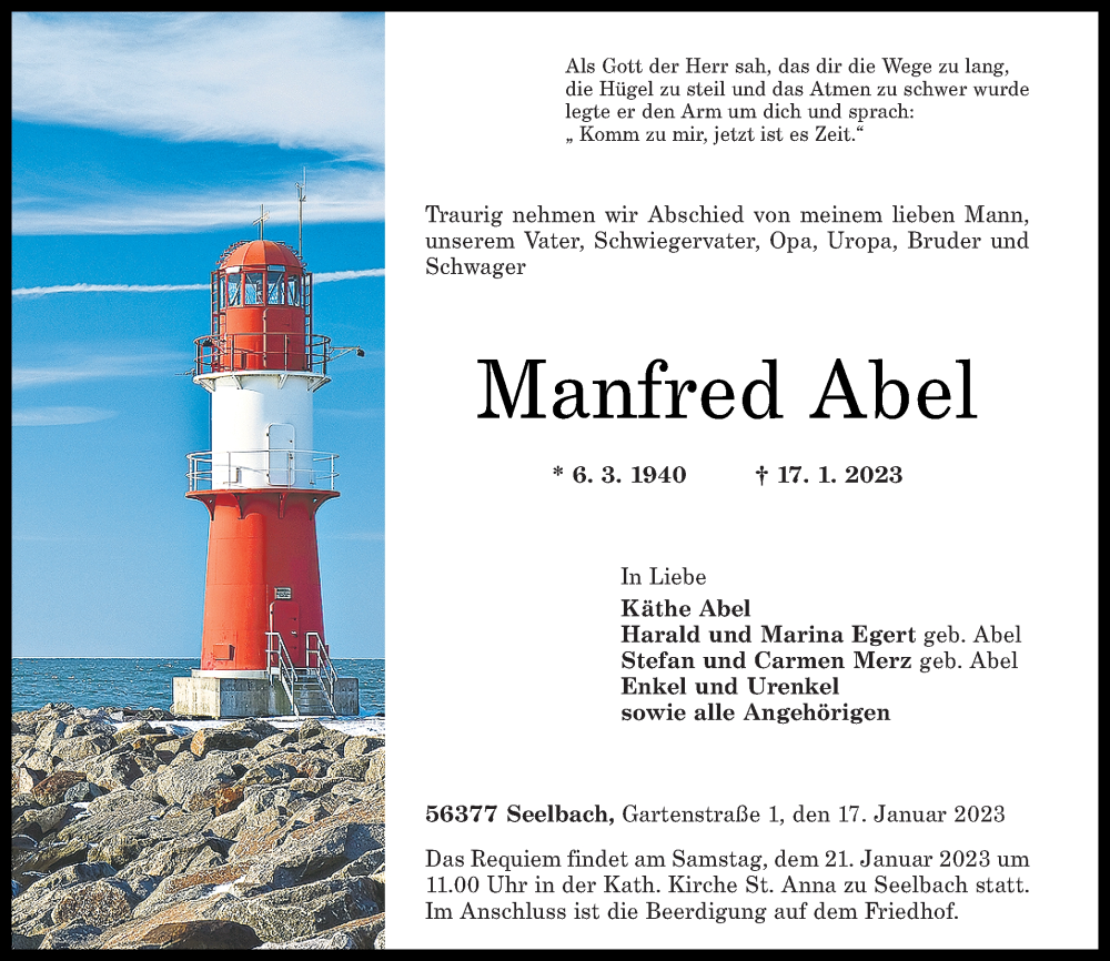  Traueranzeige für Manfred Abel vom 19.01.2023 aus Rhein-Lahn-Zeitung