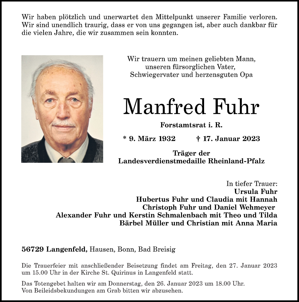  Traueranzeige für Manfred Fuhr vom 21.01.2023 aus Rhein-Zeitung