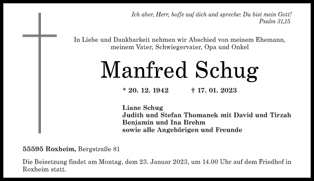  Traueranzeige für Manfred Schug vom 21.01.2023 aus Oeffentlicher Anzeiger