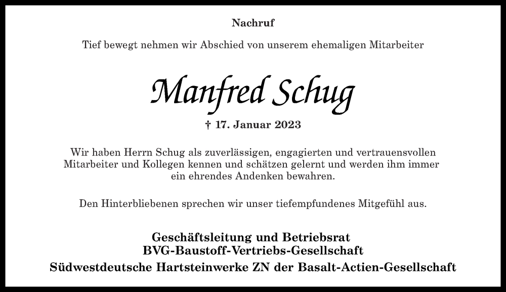  Traueranzeige für Manfred Schug vom 25.01.2023 aus Oeffentlicher Anzeiger