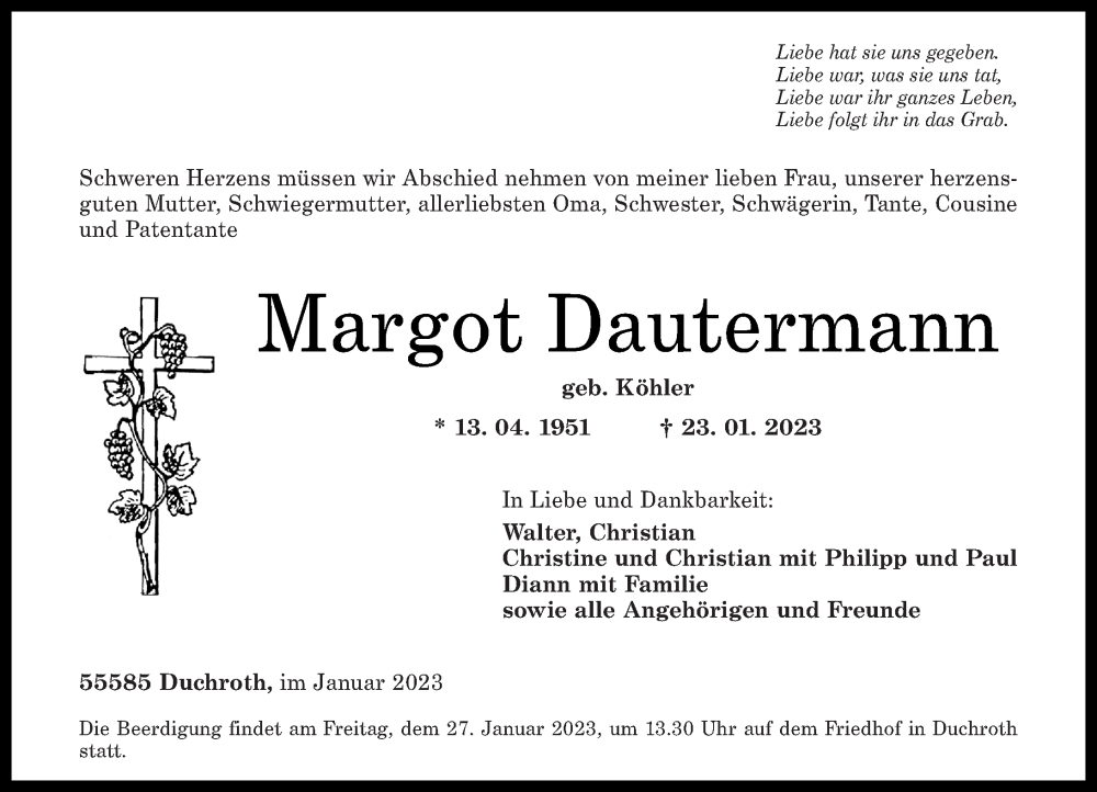  Traueranzeige für Margot Dautermann vom 25.01.2023 aus Oeffentlicher Anzeiger
