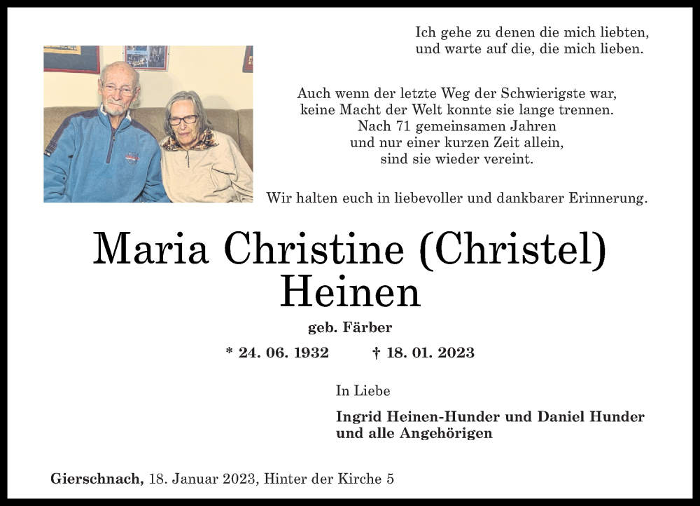  Traueranzeige für Maria Christine Heinen vom 21.01.2023 aus Rhein-Zeitung