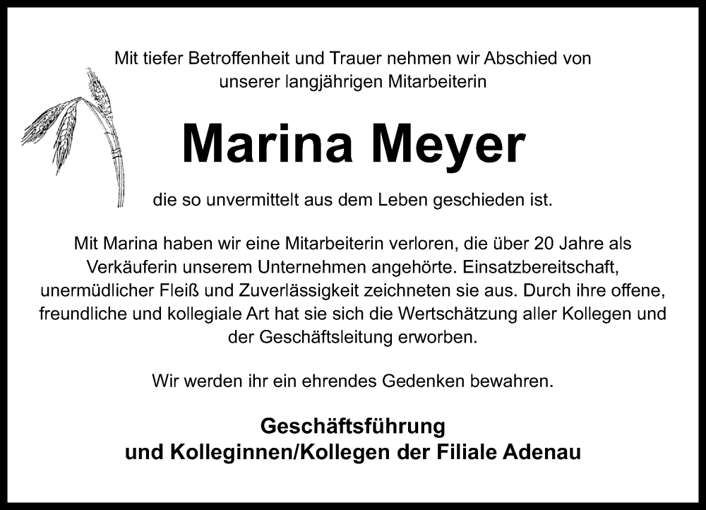  Traueranzeige für Marina Meyer vom 25.01.2023 aus Rhein-Zeitung