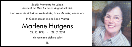 Traueranzeige von Marlene Hutgens von Rhein-Zeitung