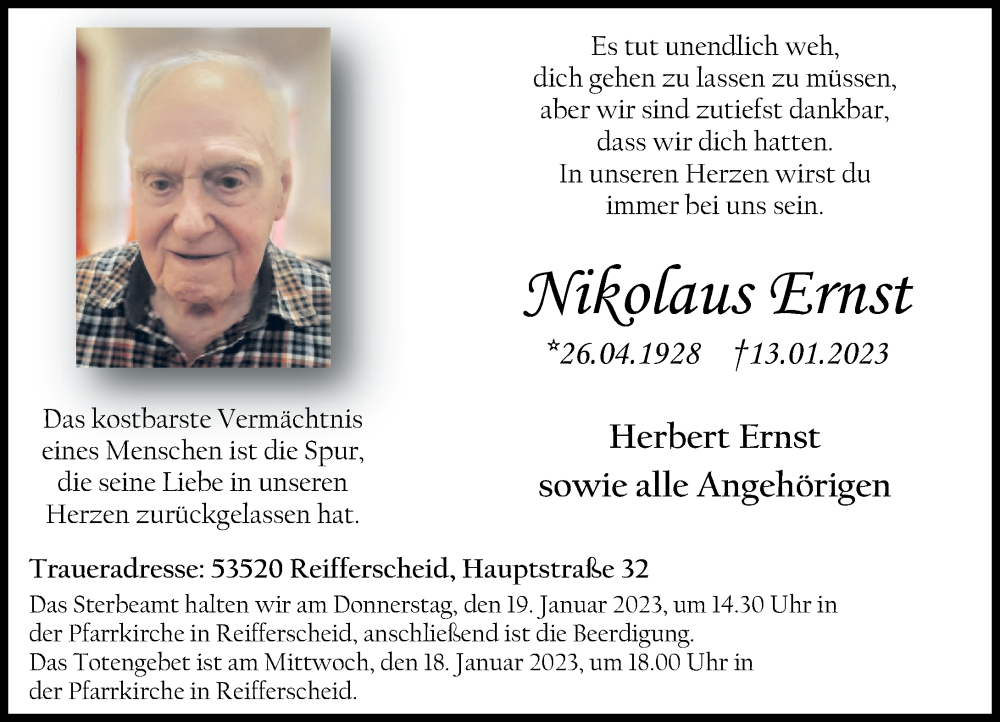  Traueranzeige für Nikolaus Ernst vom 17.01.2023 aus Rhein-Zeitung