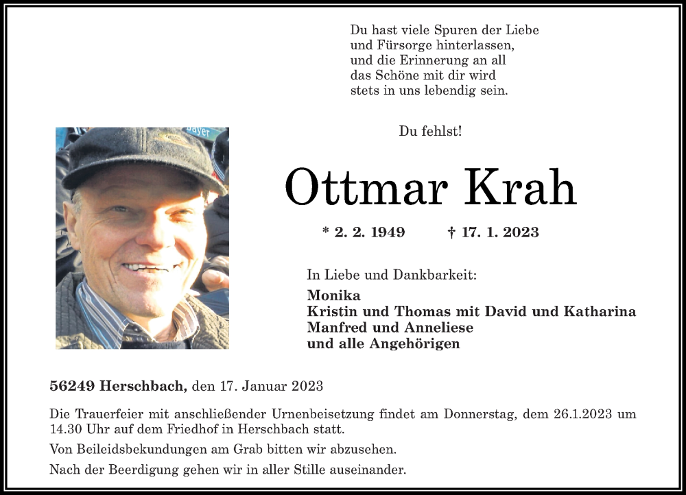  Traueranzeige für Ottmar Krah vom 21.01.2023 aus Westerwälder Zeitung