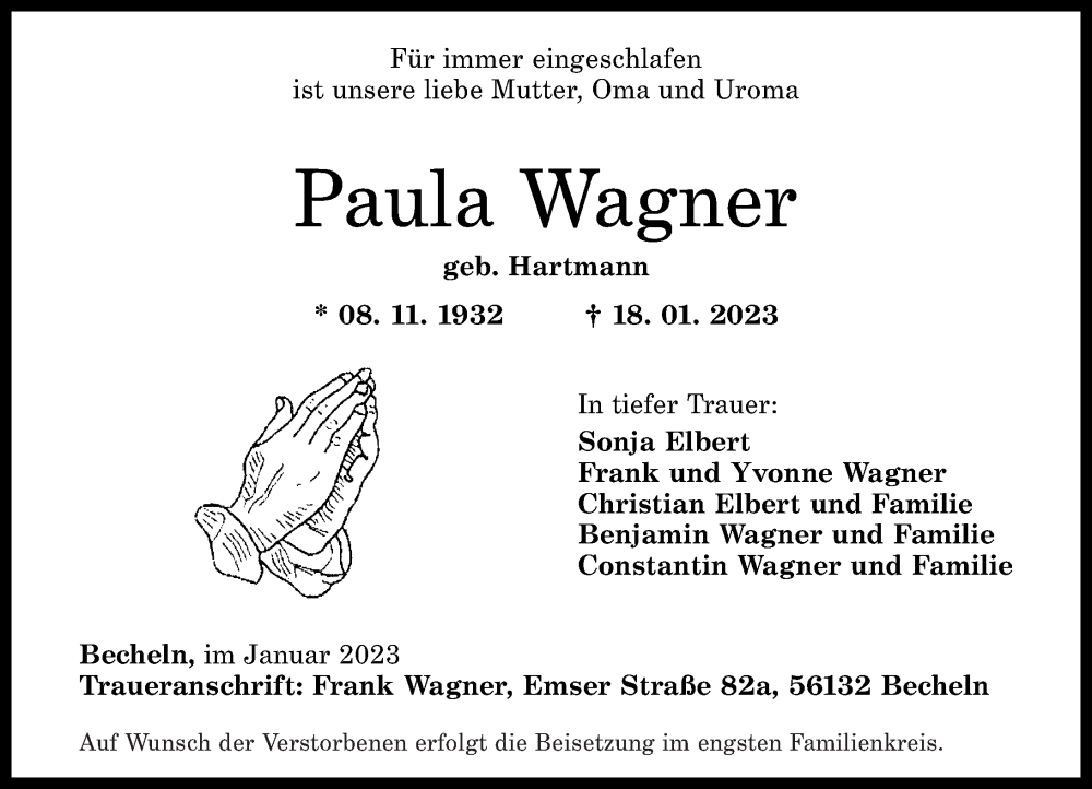  Traueranzeige für Paula Wagner vom 21.01.2023 aus Rhein-Lahn-Zeitung
