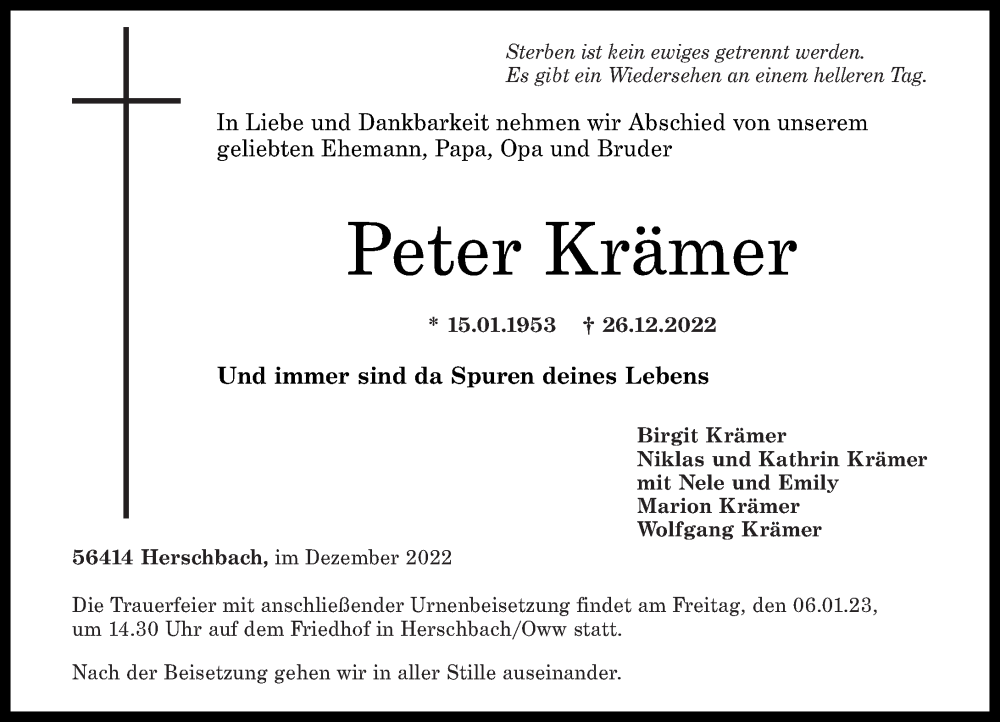  Traueranzeige für Peter Krämer vom 04.01.2023 aus Westerwälder Zeitung