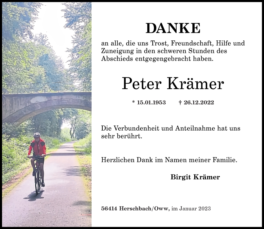  Traueranzeige für Peter Krämer vom 25.01.2023 aus Westerwälder Zeitung