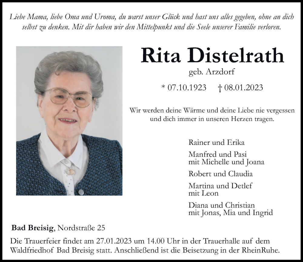  Traueranzeige für Rita Distelrath vom 14.01.2023 aus Rhein-Zeitung