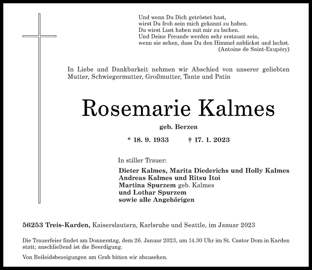  Traueranzeige für Rosemarie Kalmes vom 21.01.2023 aus Rhein-Zeitung