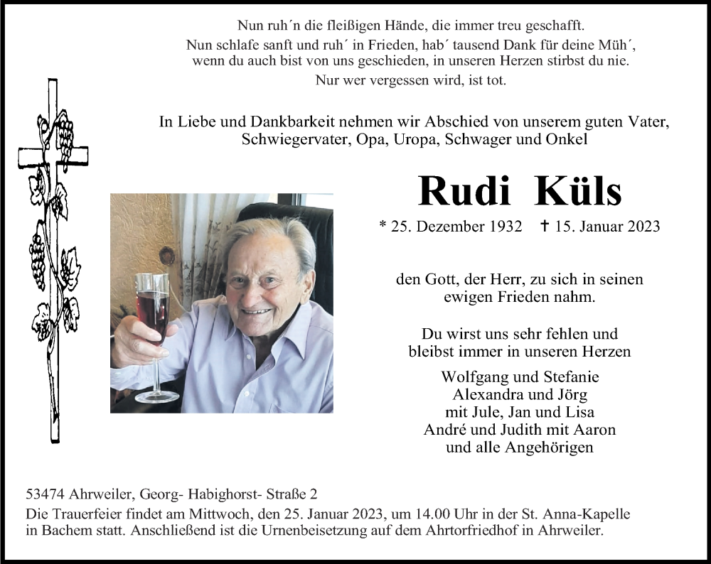  Traueranzeige für Rudi Küls vom 21.01.2023 aus Rhein-Zeitung