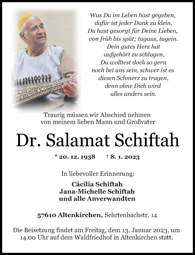  Traueranzeige für Salamat Schiftah vom 11.01.2023 aus Rhein-Zeitung