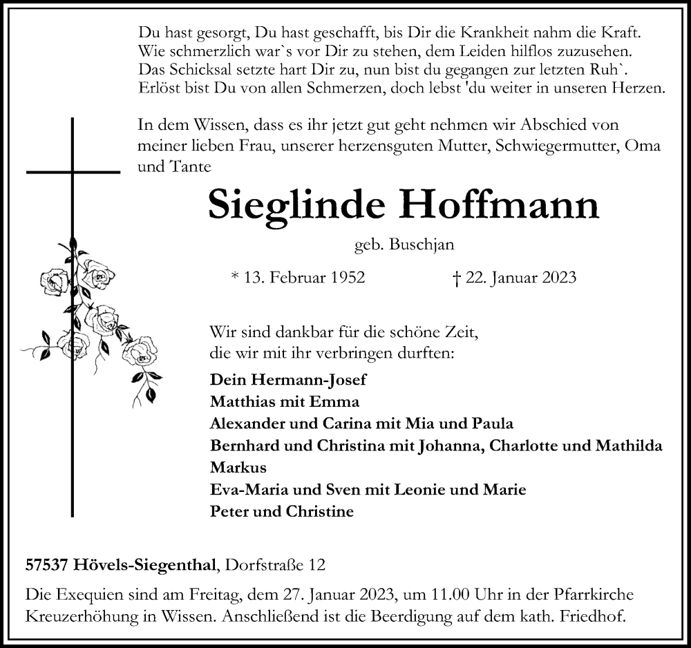  Traueranzeige für Sieglinde Hoffmann vom 25.01.2023 aus Rhein-Zeitung