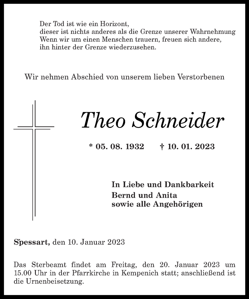  Traueranzeige für Theo Schneider vom 14.01.2023 aus Rhein-Zeitung