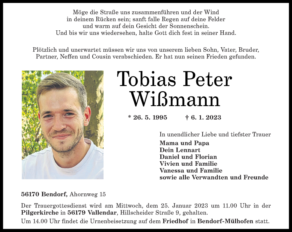  Traueranzeige für Tobias Peter Wißmann vom 21.01.2023 aus Rhein-Zeitung