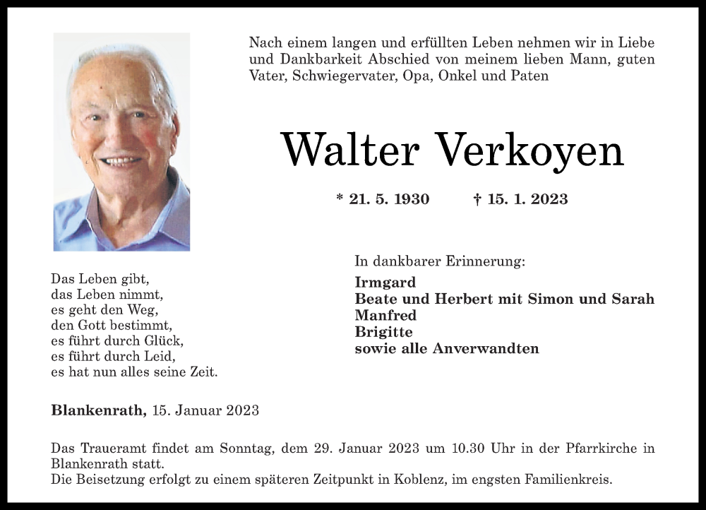  Traueranzeige für Walter Verkoyen vom 25.01.2023 aus Rhein-Zeitung