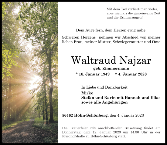 Traueranzeige von Waltraud Najzar von Westerwälder Zeitung