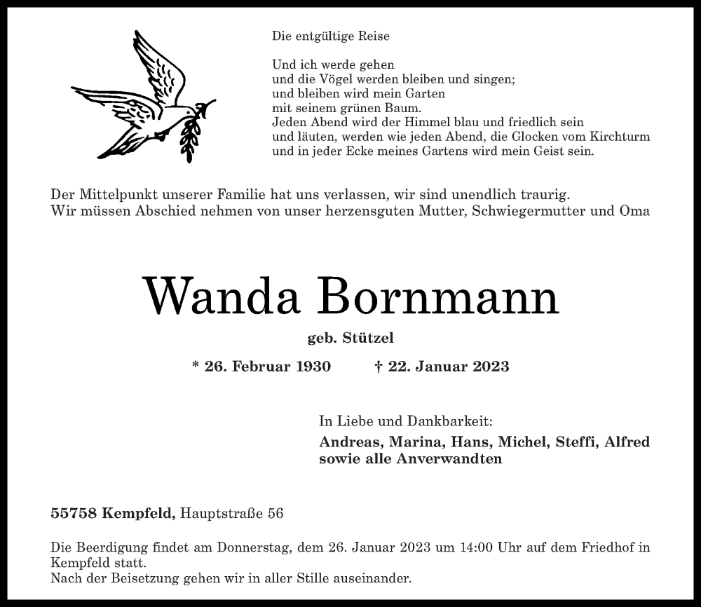  Traueranzeige für Wanda Bornmann vom 25.01.2023 aus Nahe-Zeitung