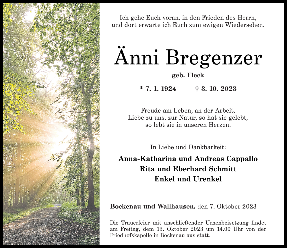  Traueranzeige für Änni Bregenzer vom 07.10.2023 aus Oeffentlicher Anzeiger