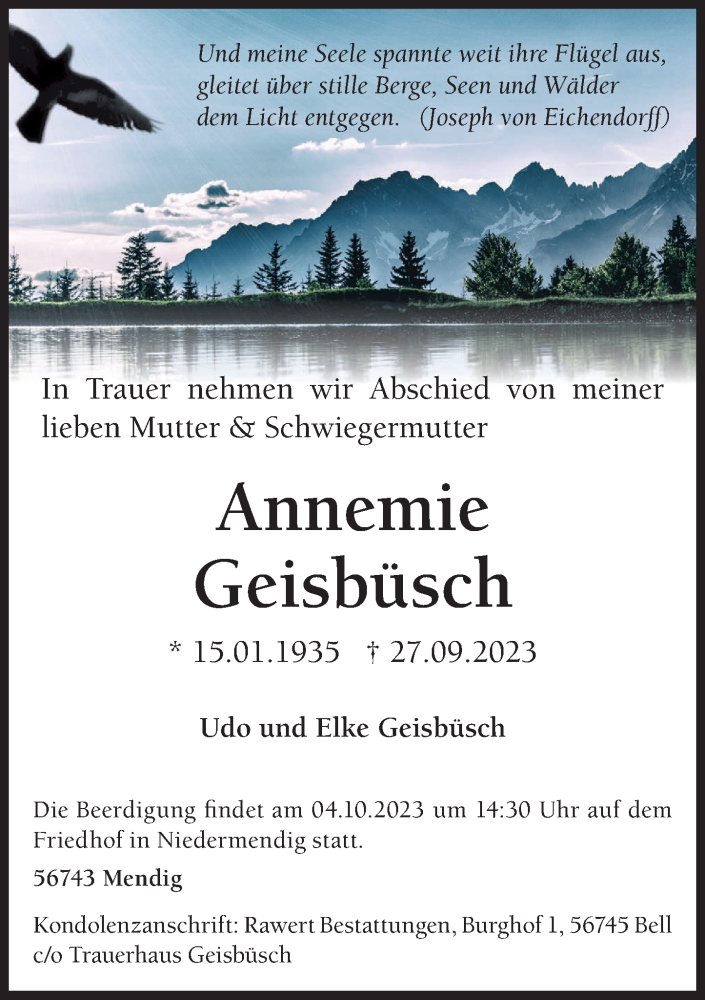  Traueranzeige für Annemie Geisbüsch vom 30.09.2023 aus Rhein-Zeitung