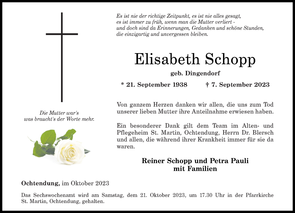  Traueranzeige für Elisabeth Schopp vom 14.10.2023 aus Rhein-Zeitung