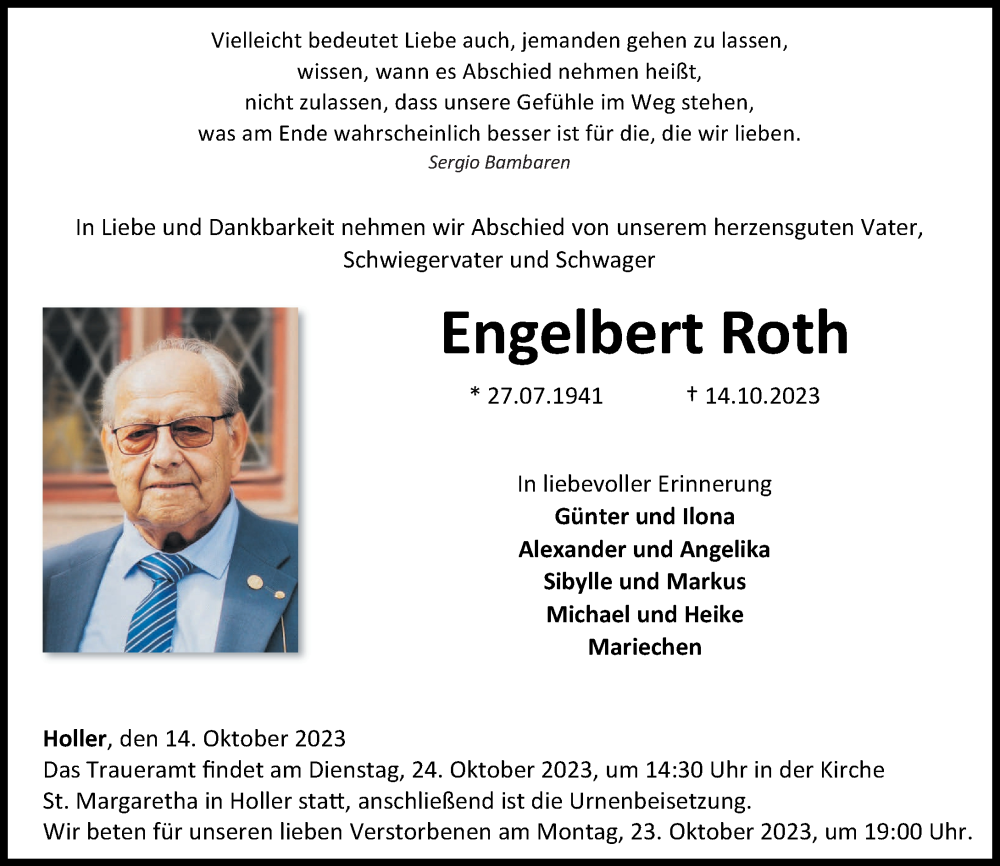 Traueranzeigen von Engelbert Roth rztrauer.de