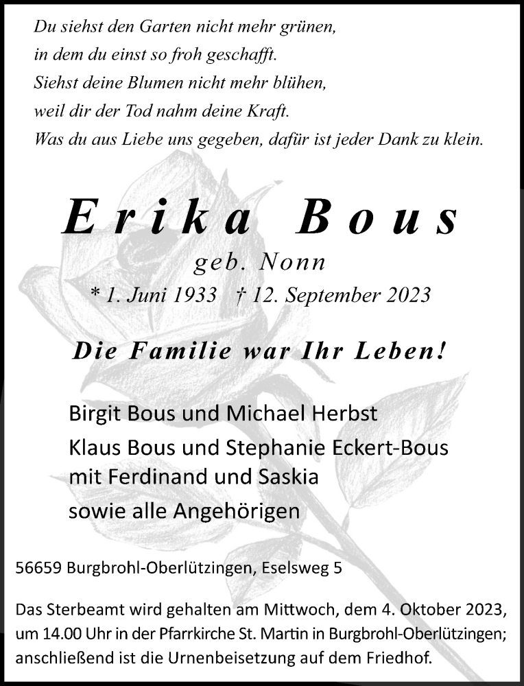  Traueranzeige für Erika Bous vom 30.09.2023 aus Rhein-Zeitung