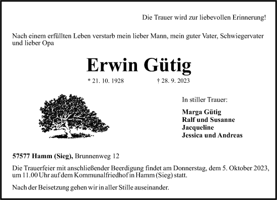 Traueranzeige von Erwin Gütig von Rhein-Zeitung