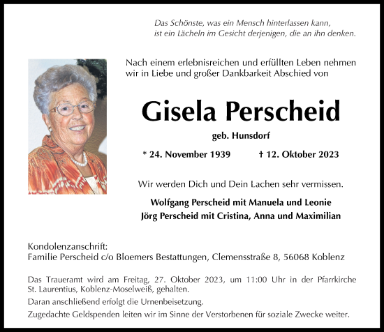 Traueranzeige von Gisela Perscheid von Rhein-Zeitung