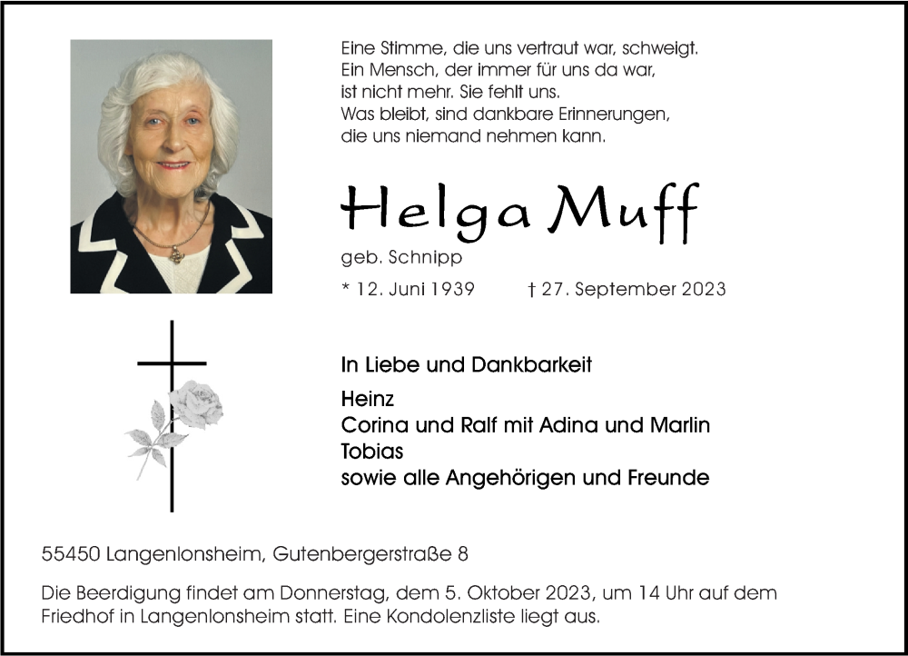  Traueranzeige für Helga Muff vom 30.09.2023 aus Oeffentlicher Anzeiger