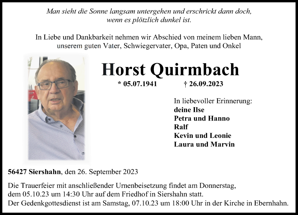  Traueranzeige für Horst Quirmbach vom 30.09.2023 aus Westerwälder Zeitung