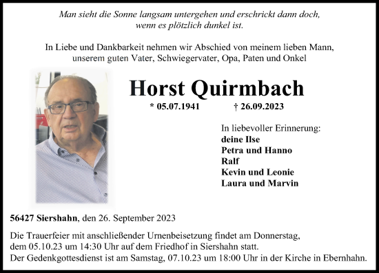 Traueranzeige von Horst Quirmbach von Westerwälder Zeitung