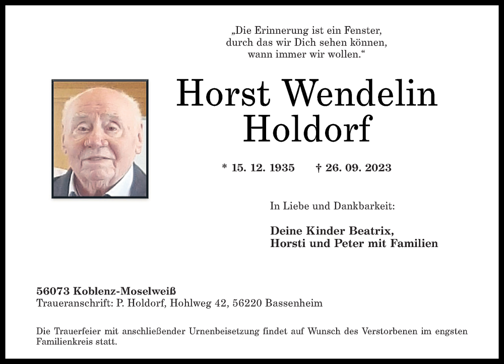  Traueranzeige für Horst Wendelin Holdorf vom 30.09.2023 aus Rhein-Zeitung