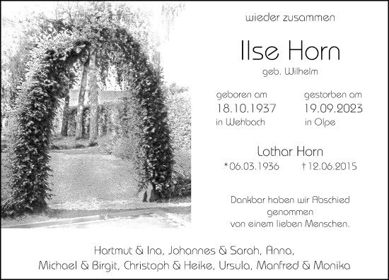 Traueranzeige von Ilse Horn von Rhein-Zeitung