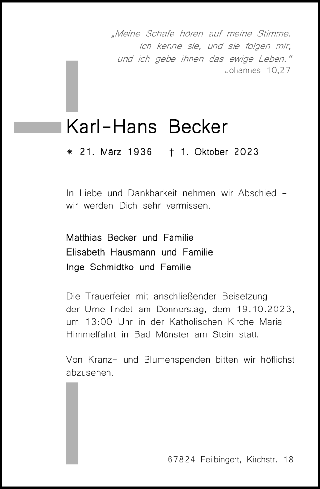  Traueranzeige für Karl-Hans Becker vom 14.10.2023 aus Oeffentlicher Anzeiger