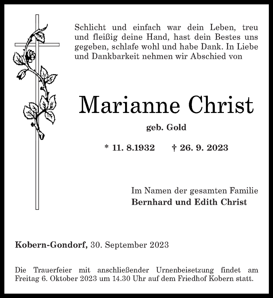  Traueranzeige für Marianne Christ vom 30.09.2023 aus Rhein-Zeitung