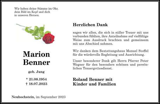 Traueranzeige von Marion Benner von Westerwälder Zeitung