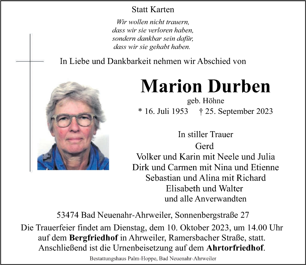  Traueranzeige für Marion Durben vom 30.09.2023 aus Rhein-Zeitung