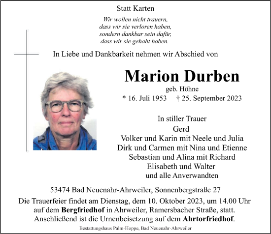 Traueranzeige von Marion Durben von Rhein-Zeitung